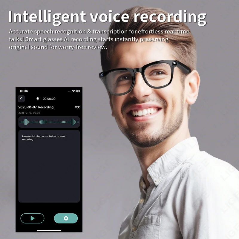 LIGE 8MP Camera AI Translation Smart Glasses 1080P Video Recording Bluetooth Call Voice Assistant 270mAh Battery Sunglasses Gift