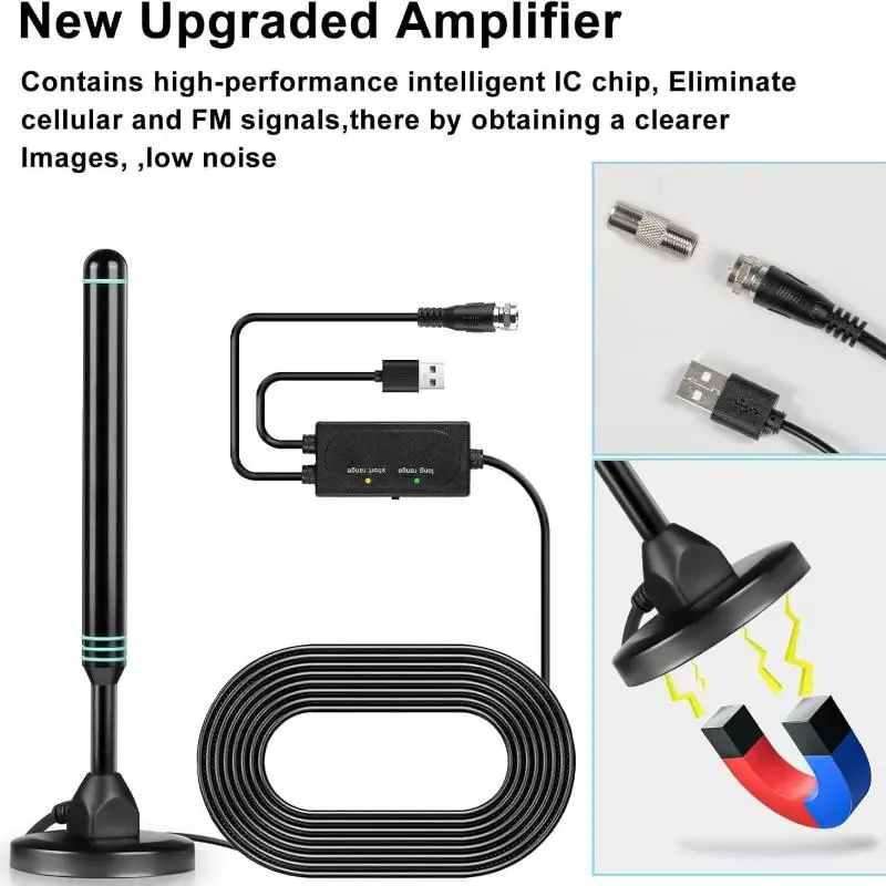 4K Signal Boost TV Antenna 1080P HD 480 Miles Long Range Magnetic Base VHF UHF DVB T2 for Indoor Outdoor Home