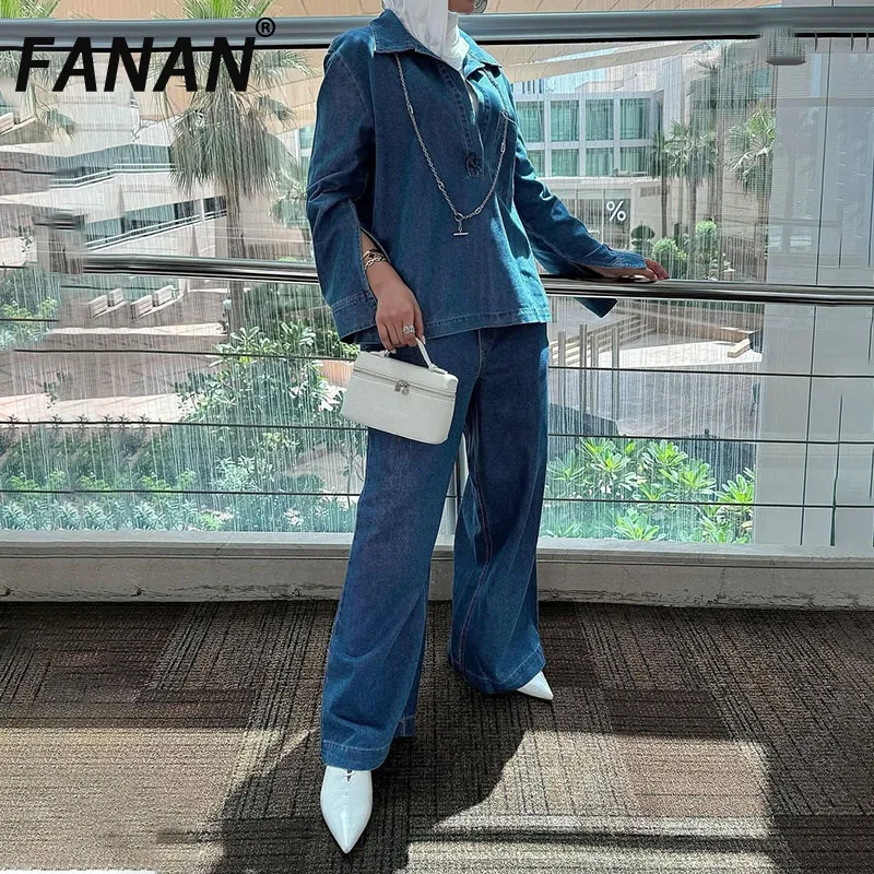 

FANAN Fashion Denim 2 Piece Set Women's V Neck Long Sleeve Tops High Waist Straight Wide Leg Jeans Office Lady Suits 2025 New