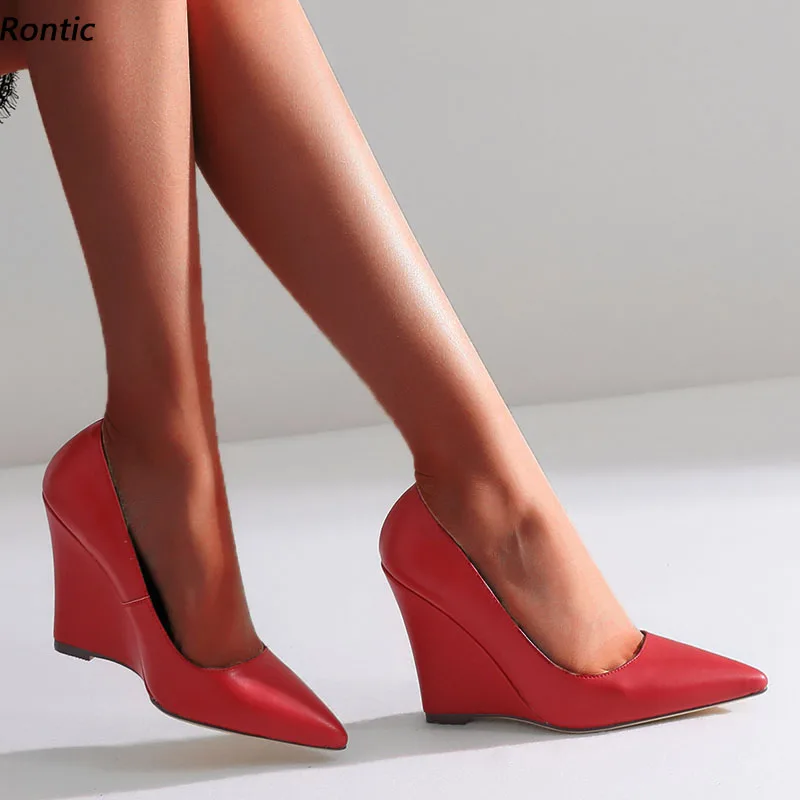 

Rontic Женские осенние туфли-лодочки ручной работы из искусственной кожи на танкетке с острым носком, великолепные красные, белые, черные туфли для вечеринок, женские размеры США 35-40