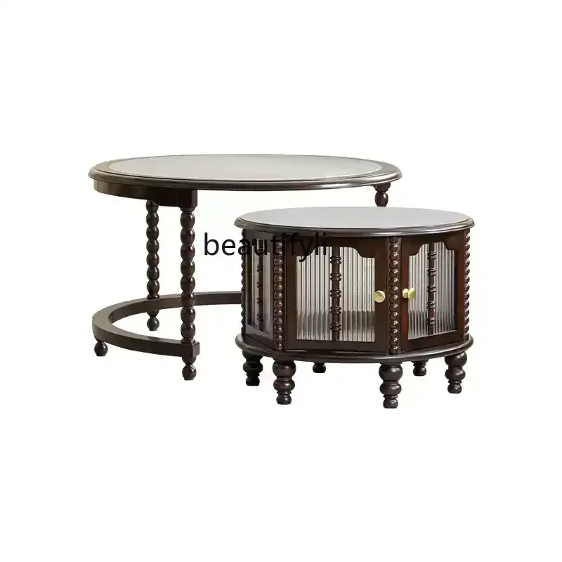 French retro all-solid wood coffee table living room home American light luxury round combination coffee table