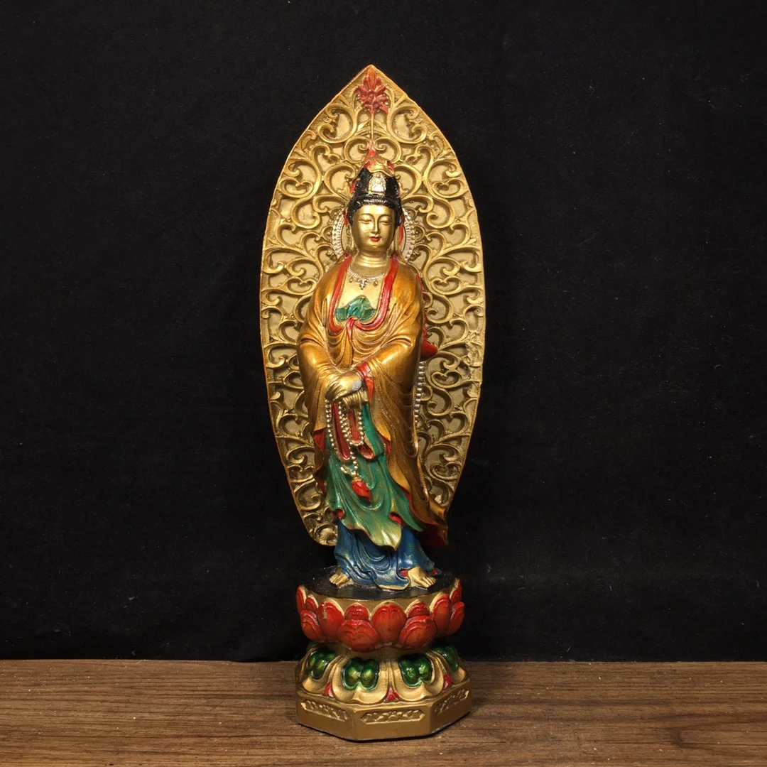 Temple Collection Old Bronze Painted Guanyin Bodhisattva Standing  Buddha Backlight  Lotus Terrace Worship Hall