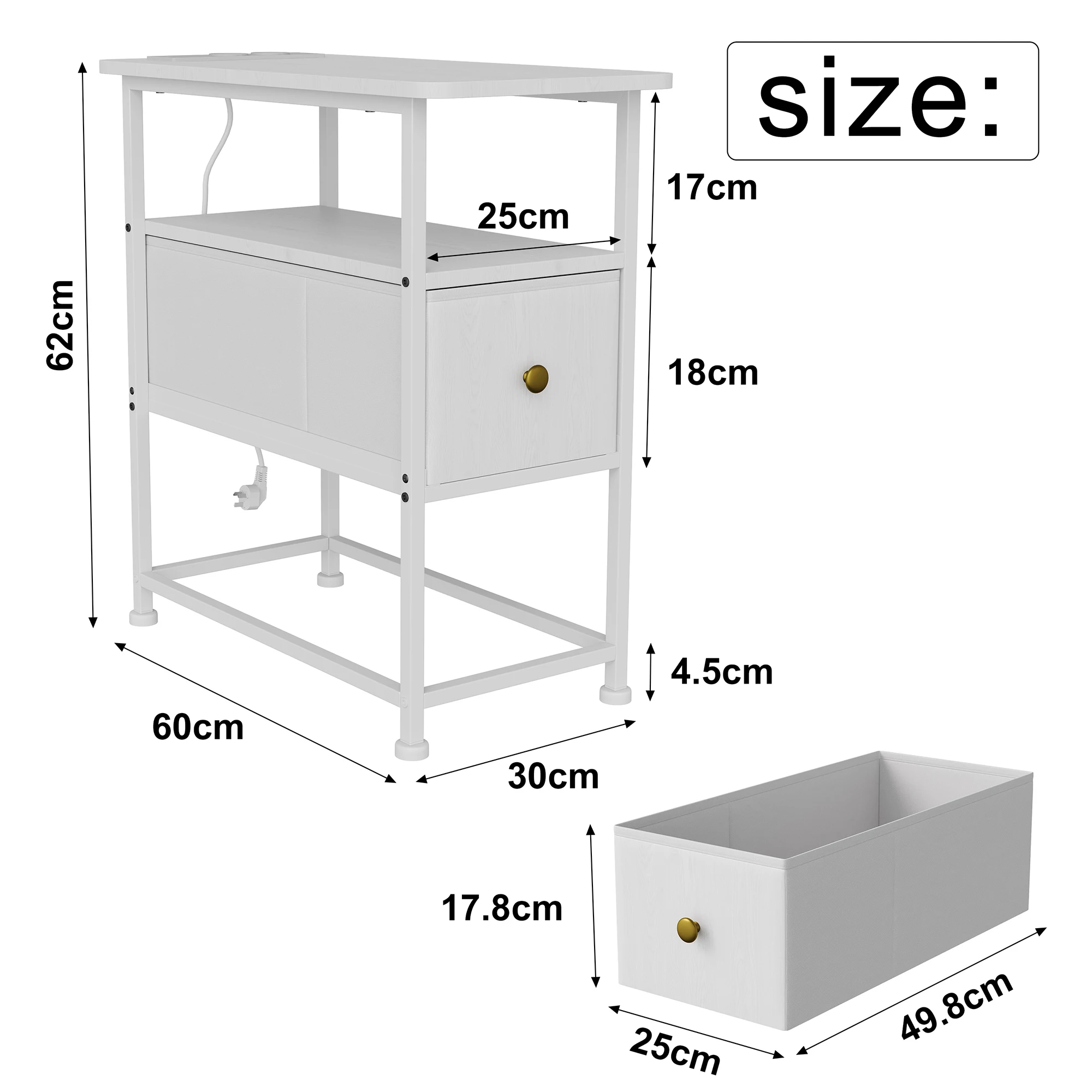 Comanlai Simpele Sofa- bijzettafel met lade, woonkamer bijzettafel, slaapkamer nachtkastje met 2 AC-aansluitingen en 2 USB-poorten