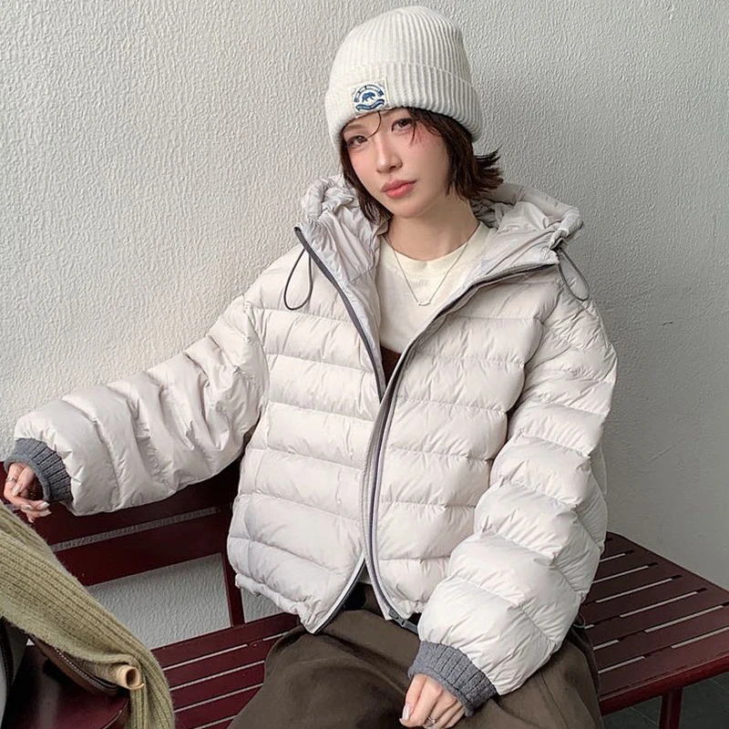 Winter Color Blocking Splice Hooded Down Jacket Women White Duck Down Waterproof Outwears Female Drawstring Warm Down Jacket