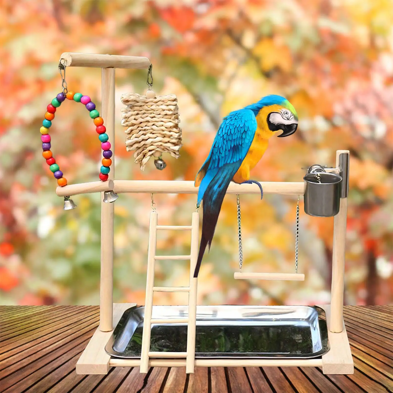 Bird Accessories Cage Wooden Parrot Play Stand with Platform Ladder Perch Swing Cups for Daily Exercise