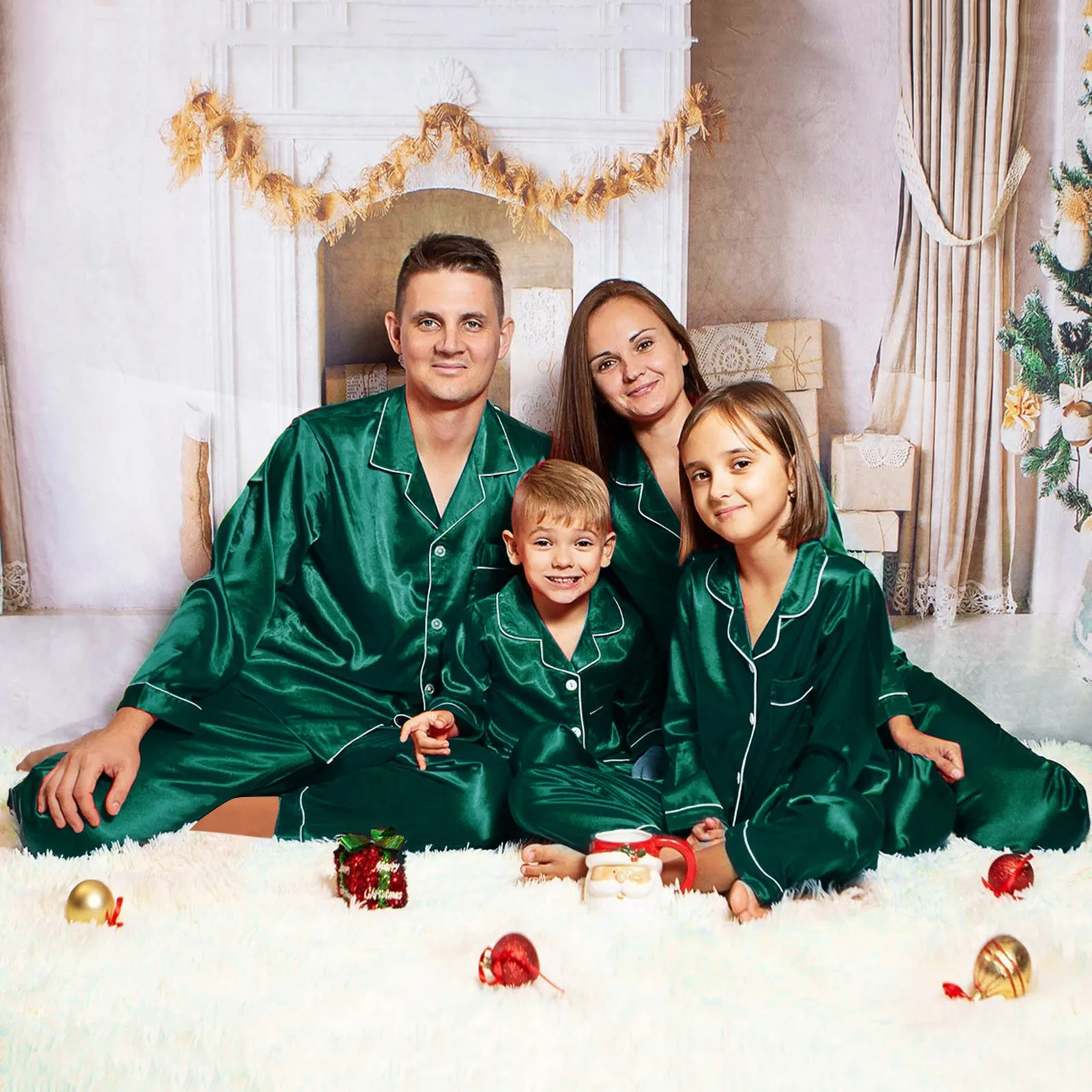 Solid Color Green Christmas Pajamas Family Adults Kids Xmas Imitation Satin Silk Tops Pants Sleepwear Outfits 2 Piece Suit