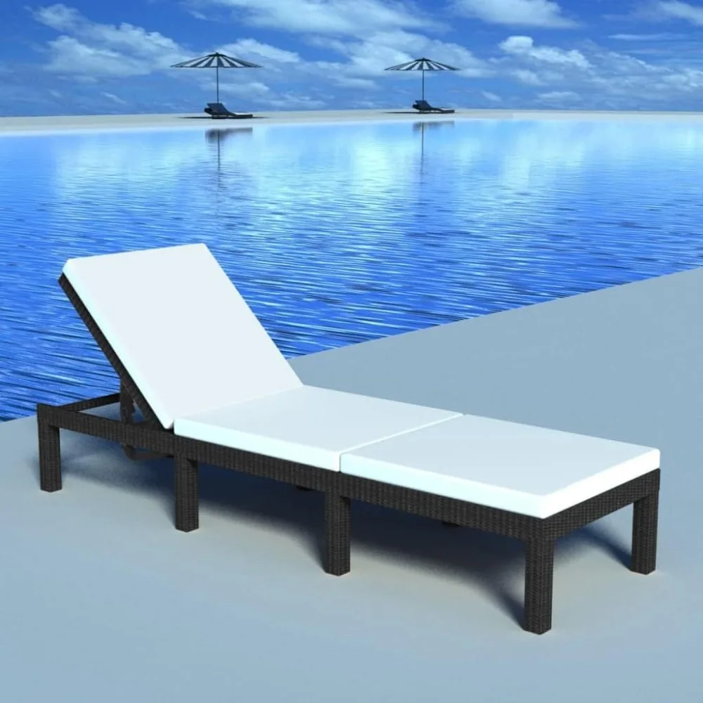

Rattan Sun Lounger with Adjustable Backrest, Removable Cushion, Waterproof, Black with Cream White Cushion