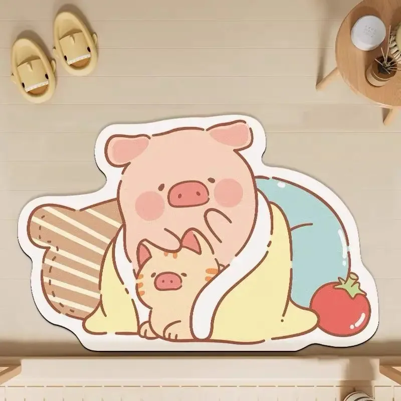 VIKAMA Lulu Pig Diatomeenerde-Badematte, Rutschfester Badezimmerteppich, Weiche Fußmatte für Duschboden und Heimdekoration
