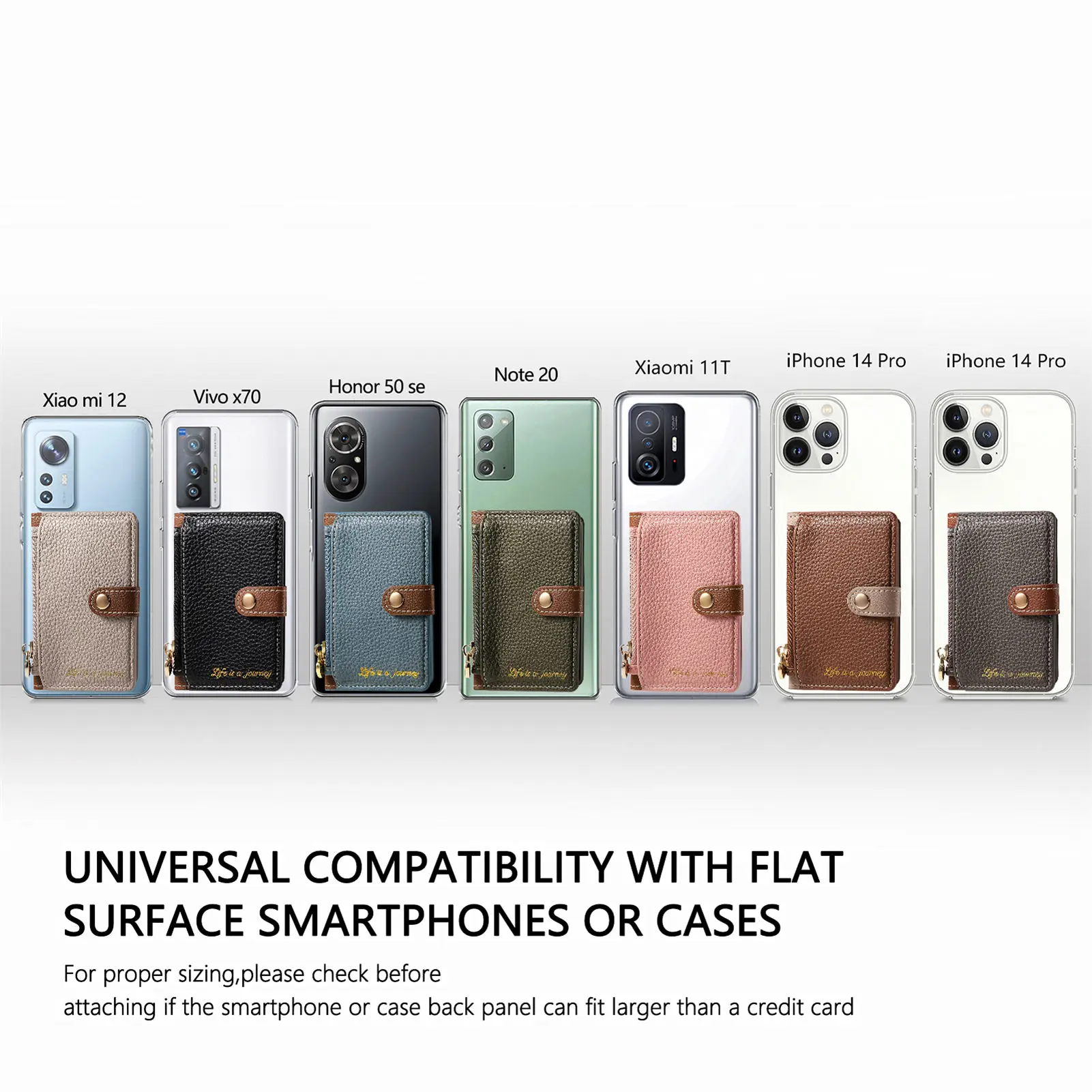 PU Leather of Litchi Stria Phone Holder Flip Wallet Card Slots Phone Back Sticker with Zipper Storage Design for Mobile Phone