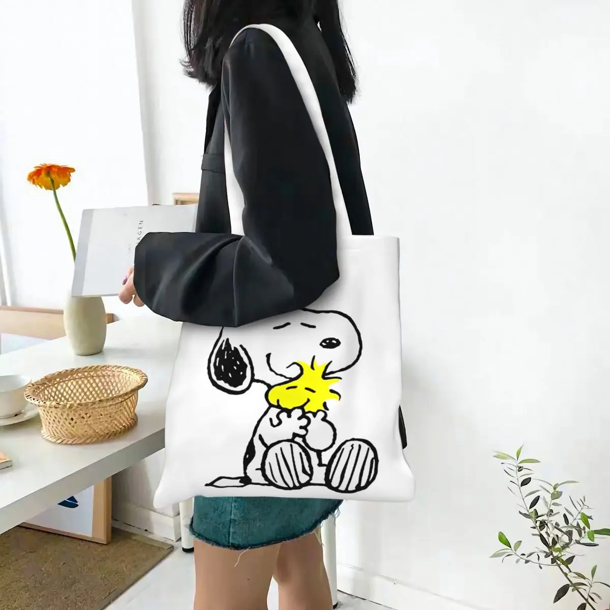 Bolso de compras reutilizable personalizado para mujer, bolsa de lona de hombro, lavable, de Manga, Snoopy Woodstock