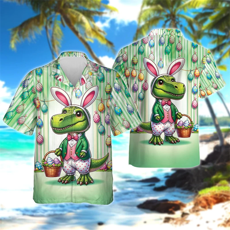 

Cartoon Happy Easter Day Dinosaur Graphic Shirts For Men Clothes Egg Rabbit Kawaii Beach Shirt Funny Christianity Gift Blouses