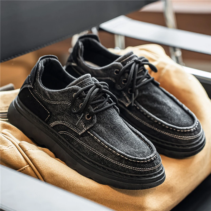 Men's Vintage Washed Denim Platform Casual Shoes Stitching Thick Sole Lace Up Retro Workwear Walking Boat Shoes