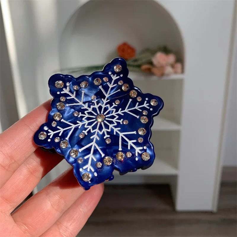 

Advanced Snow Shape Acetate Hair Clips Christmas Gift Medium Blue Snowflake Hair Claw With Rhinestone Hair Accessories For Women