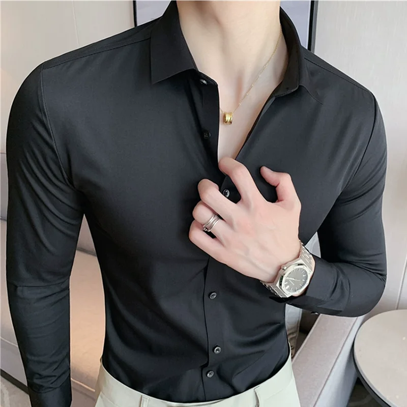 High Quality Stand Seamless Shirts Men Long Sleeve Drape Slim Fit Casual Dress Shirts Luxury Formal Social Dress Blouse 4XL-M