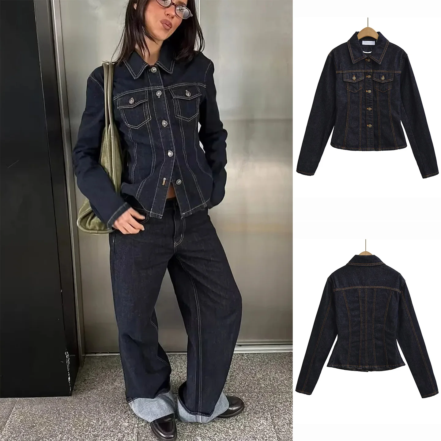 

Winter New Women's Slim Fit Collar Long Sve Denim Jaet American Casual Sle Single Button Outerwear Faion Ladies Coat
