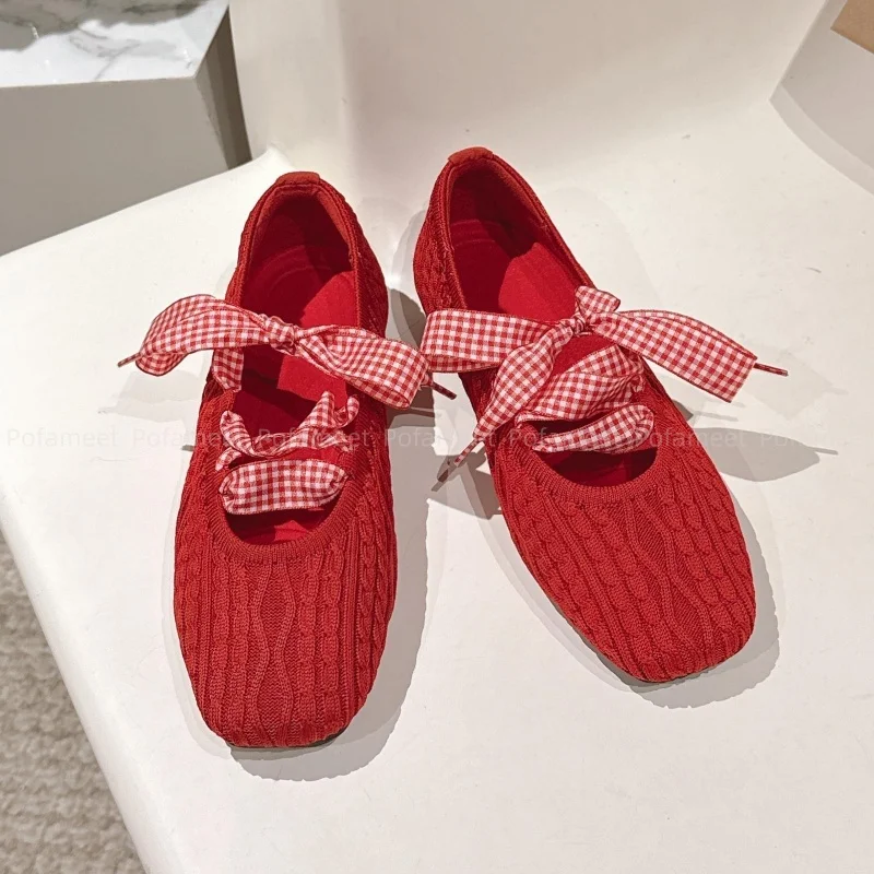 

Fashion Women Flat Shoes Square Toe Knitted Ballet Flats Lace Up Bowknot Sweet Ladies Casual Shoes Dress Shoes Straps Design