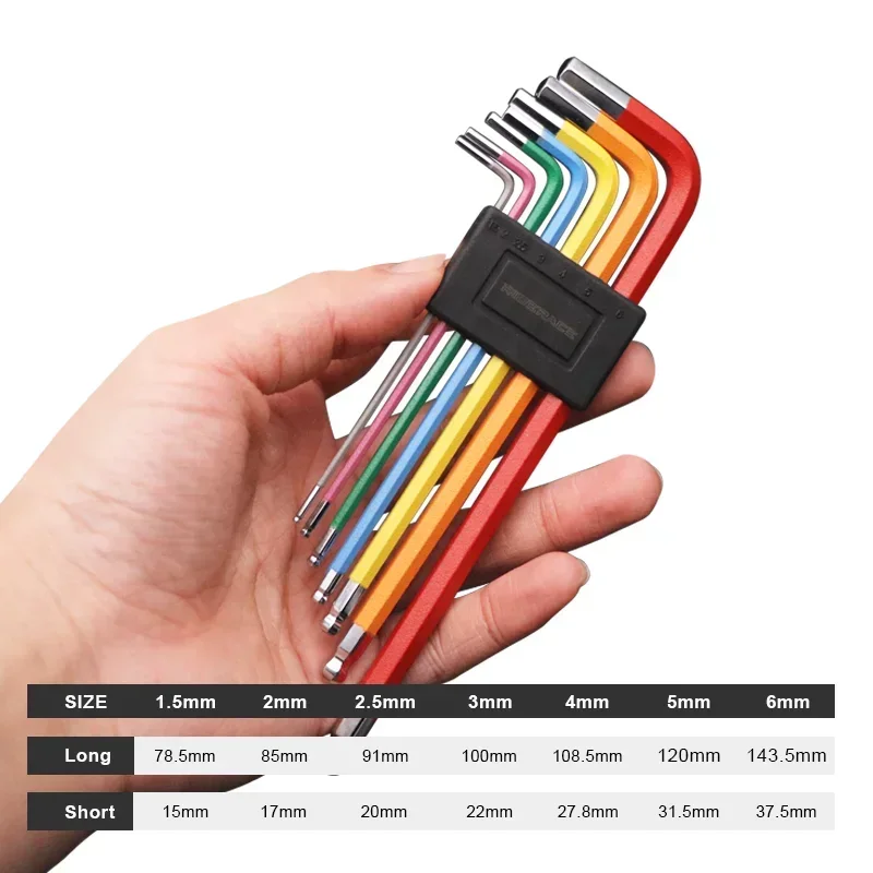 7Pcs Colorful Bicycle Hex Key Set Flat & Ball Head Hexagon Spanners 1.5-6mm Sizes for MTB Road Bike Repair Tool Kit