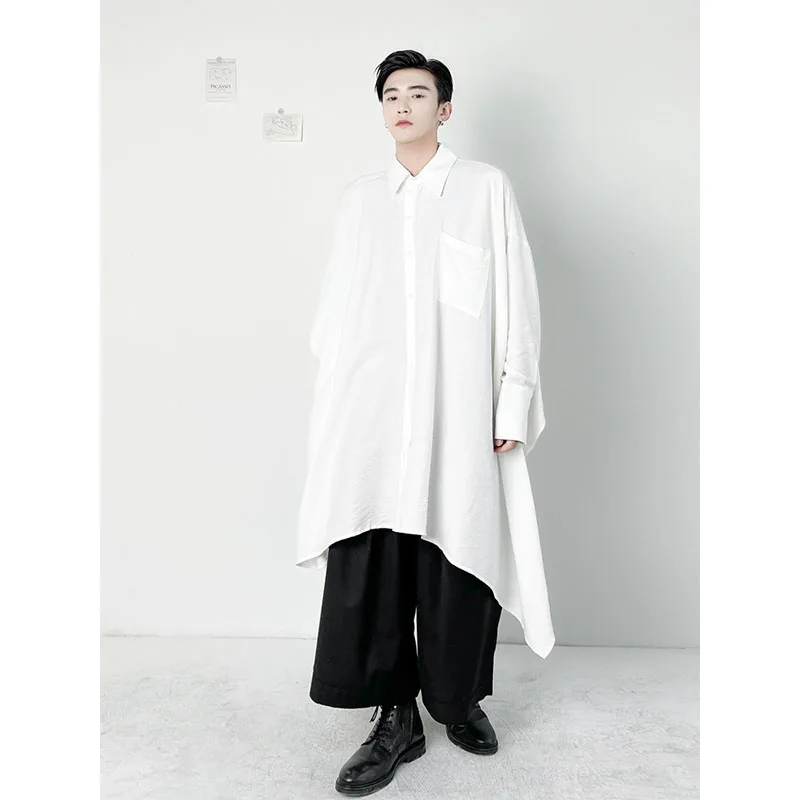 Men\'s Irregular Long Sleeved Loose Shirt Spring Fashion Fashion Front Long Back Short Oversize Wide Version Long Sleeved Shirt