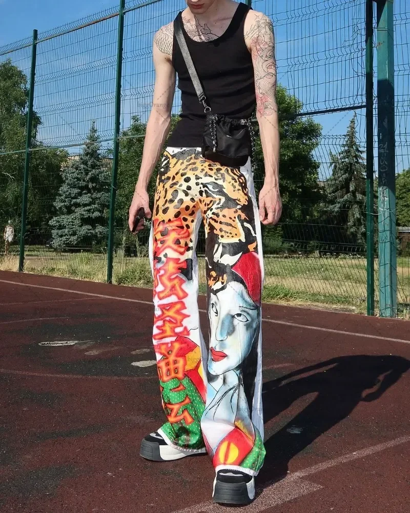 

Новые ретро-американские потертые широкие брюки с высокой талией Y2k, джинсовые брюки большого размера с аниме-принтом, женские модные свободные брюки длиной до пола P