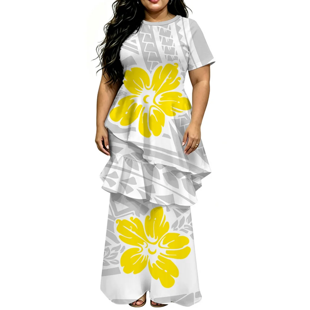 Vestido plisado de manga corta para mujer, de nuevo diseño, con estampado polinesio, de varias capas, lujoso y elegante.