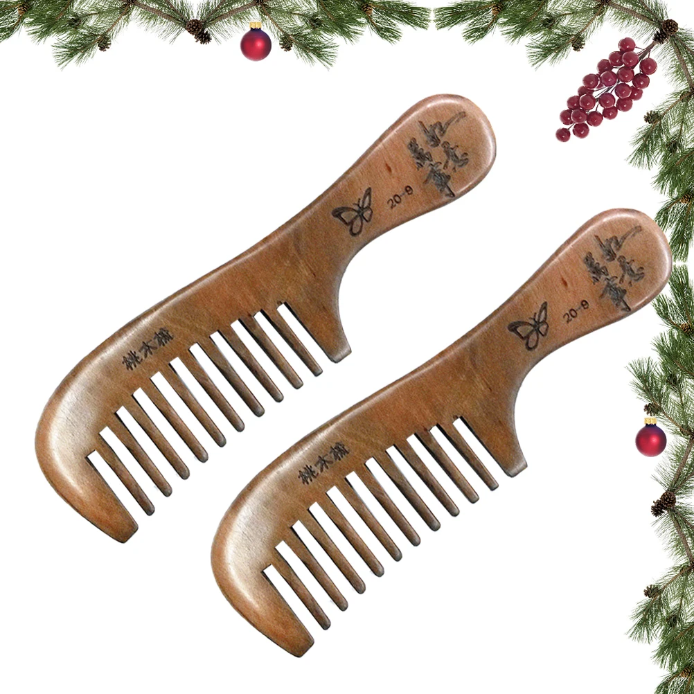 

2Pcs Natural Peach Wooden Comb Anti- Smooth Teeth Scalp Massage Hair Grooming Tool Chic Exquisite Retro Style