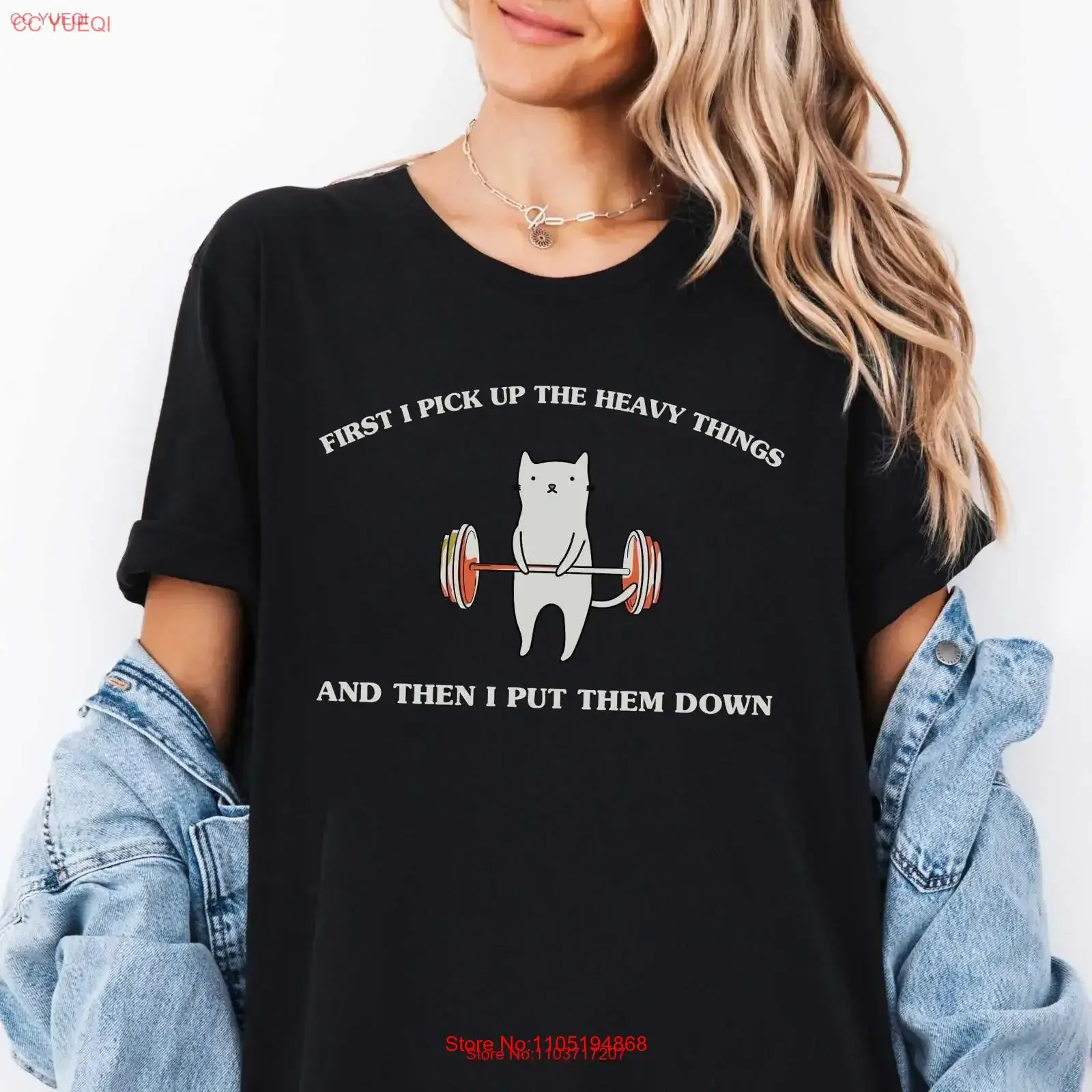 Funny Exercise Weight Lifting T Shirt Cute CaT for Fitness Enthusiast First I Pick Up the Heavy Things Power Lifter vintage