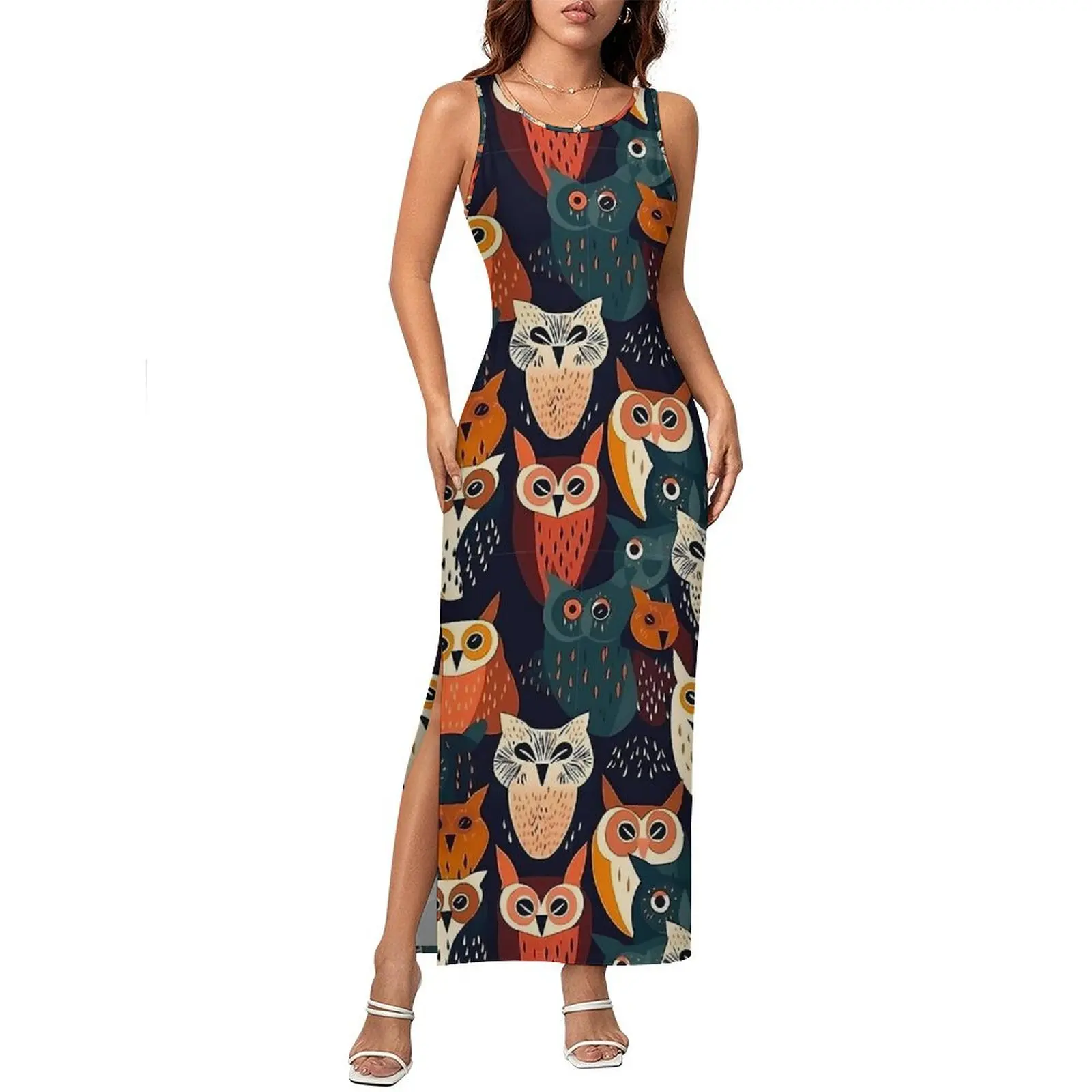 Abito aderente con gufo audace artistico Abito estivo con stampa animalier Club Party Maxi abiti Donna Abito senza maniche di design alla moda Taglia grande 3XL 4XL