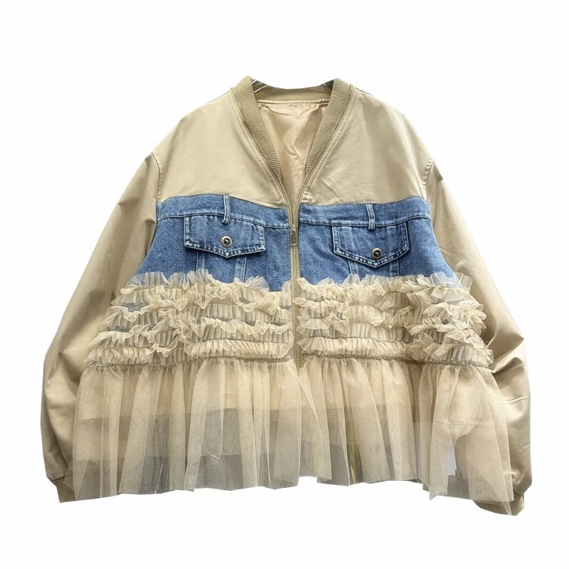 ANJY خريف شتاء جديد إمرأة الدنيم شبكة المرقعة جيب كبير سستة البيسبول سترة أنيقة تنوعا التخسيس معطف عصري A15245 #3