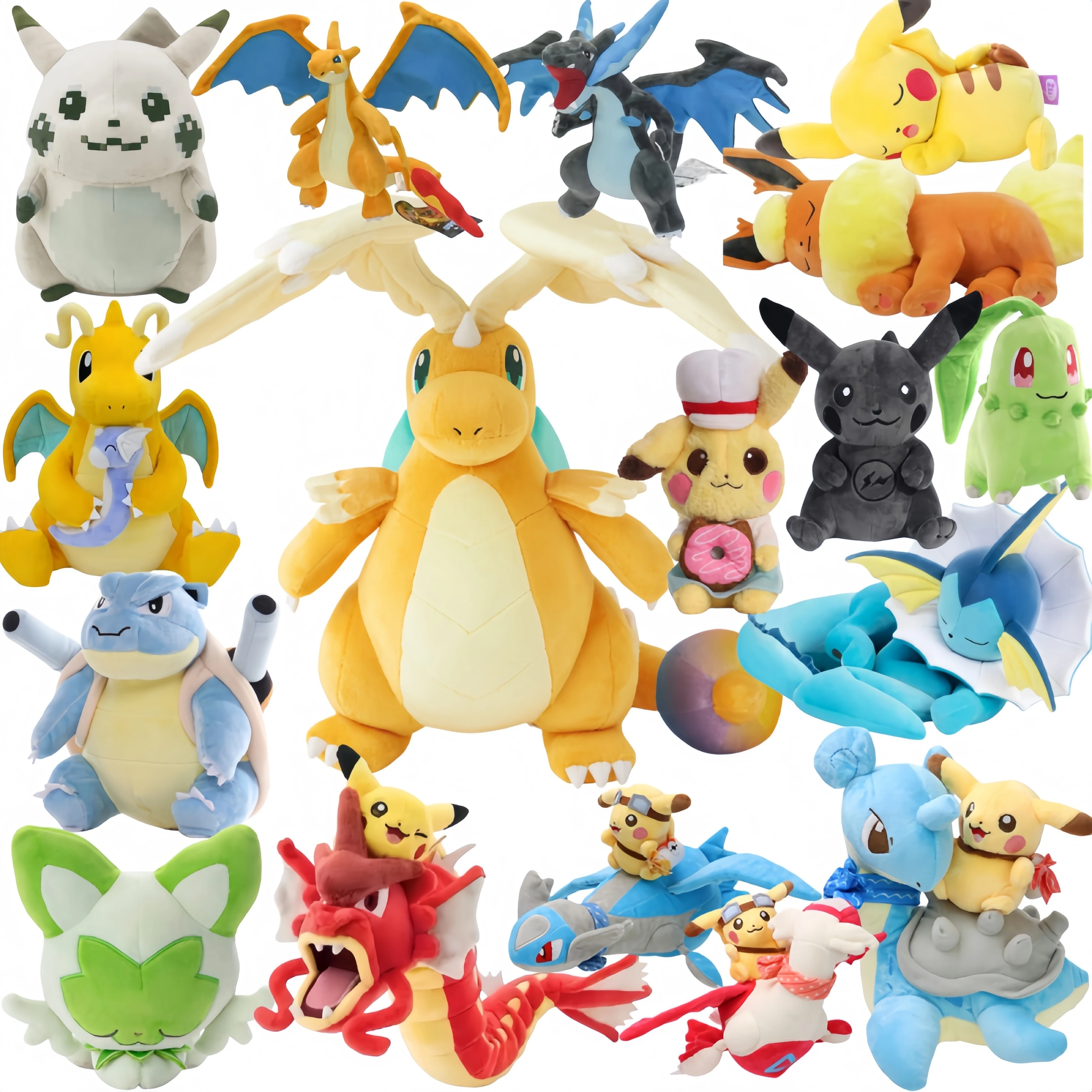 

Pokemon Mega Dragonite Holding Dratini Sleeping Vaporeon Flareon Initial Pikachu Peluche Riding Gyarados Lapras Plush Doll