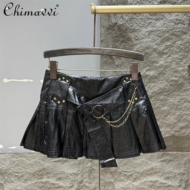 

2025 Autumn New Fashion Black Sexy Hot Girl PU Leather Skirt Women Versatile High Waist Slimming Elegant Short Pleated Skirt