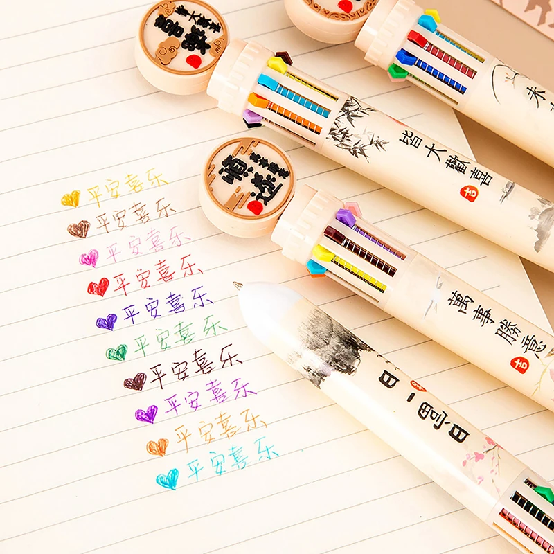 Chinese Style Press Ballpoint Pen Kawaii Creative Learning Stationery Ten Color Ballpoint Pen Holiday Gifts School Supplies