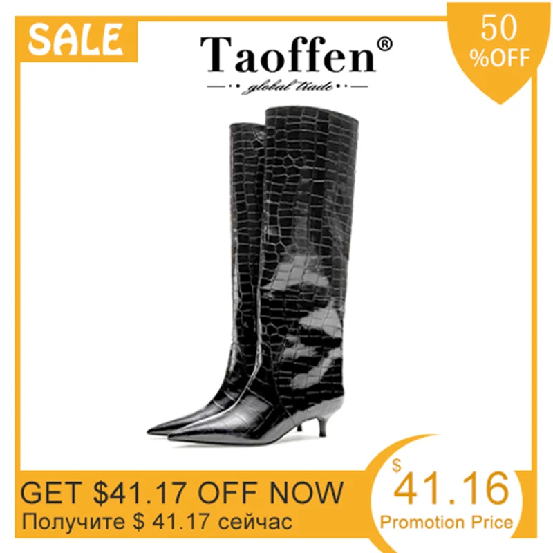 Taoffen New Women Knee High Boots Real Leather Pointed Toe Women Winter Shoes Fashion Sexy Party Shoes Women Footwear Size 35-42