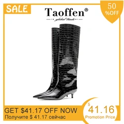 Taoffen New Women Knee High Boots Real Leather Pointed Toe Women Winter Shoes Fashion Sexy Party Shoes Women Footwear Size 35-42