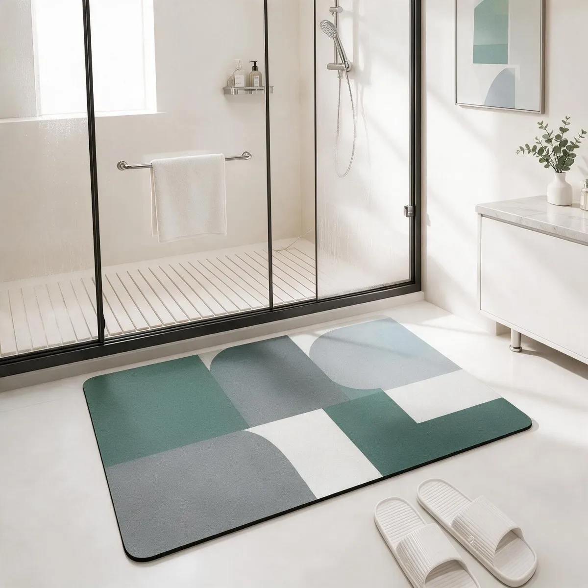 Tappetino da bagno quadrato in fango di diatomee, assorbente e antiscivolo, con fondo in gomma, ideale per il bagno e l'ingresso.