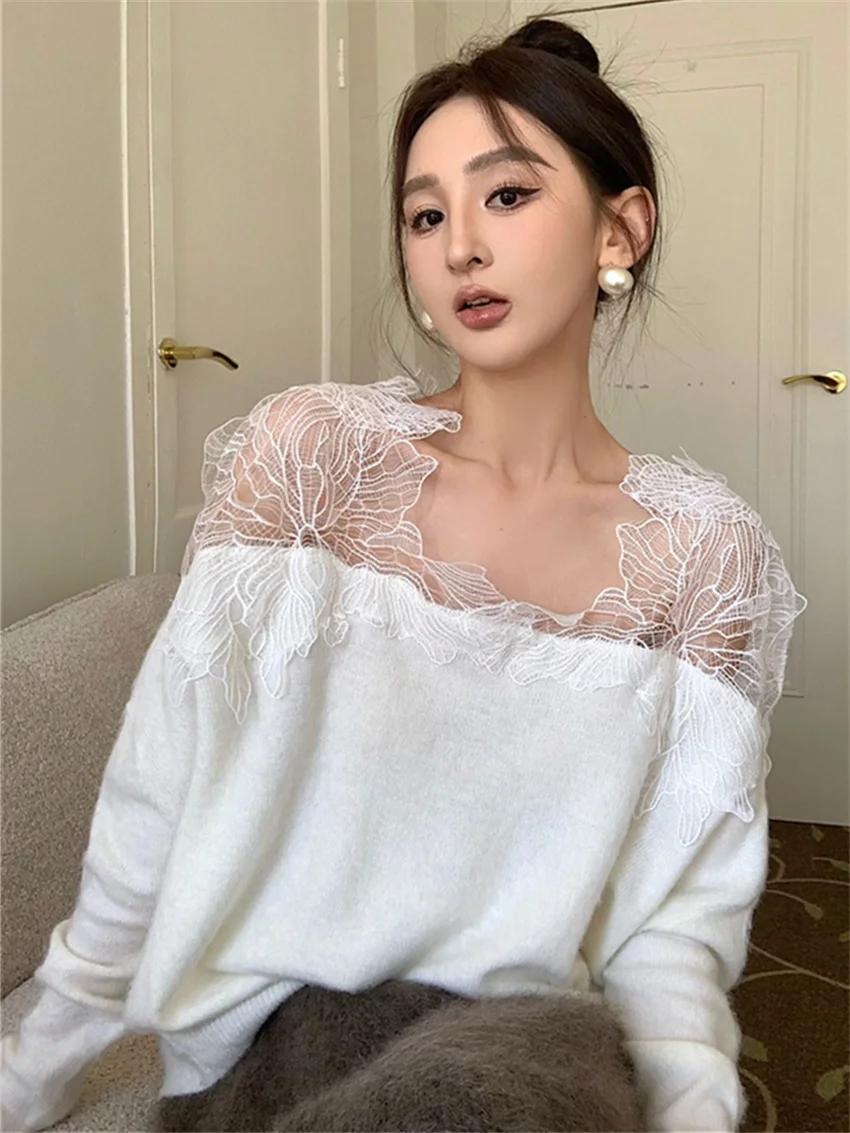 Alien Kitty Elegant Lace Patchwork Knitted Sweaters Women Chic Lady Spring 2024 Office Wear Pullovers Daily Loose Slim Casual