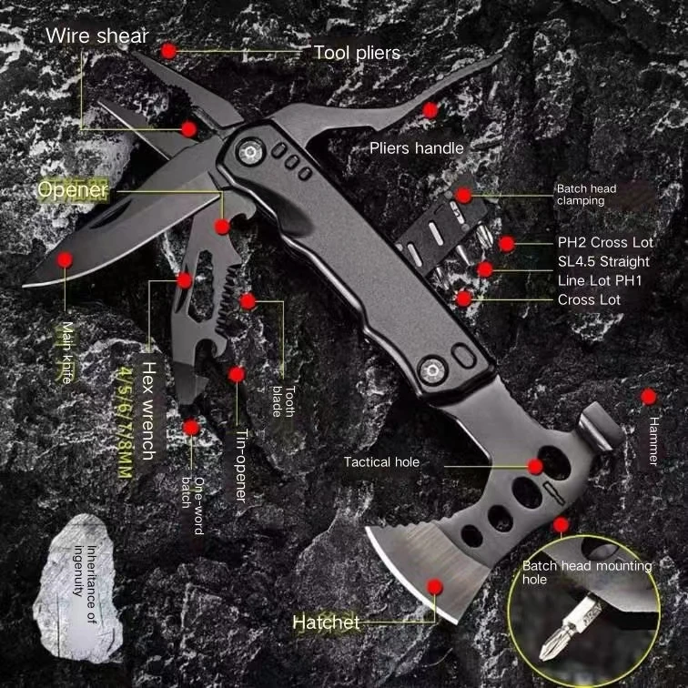 Multifunctional wrench, hammer, folding pliers, hammer, knife, integrated combination tool, portable body-proof emergency .