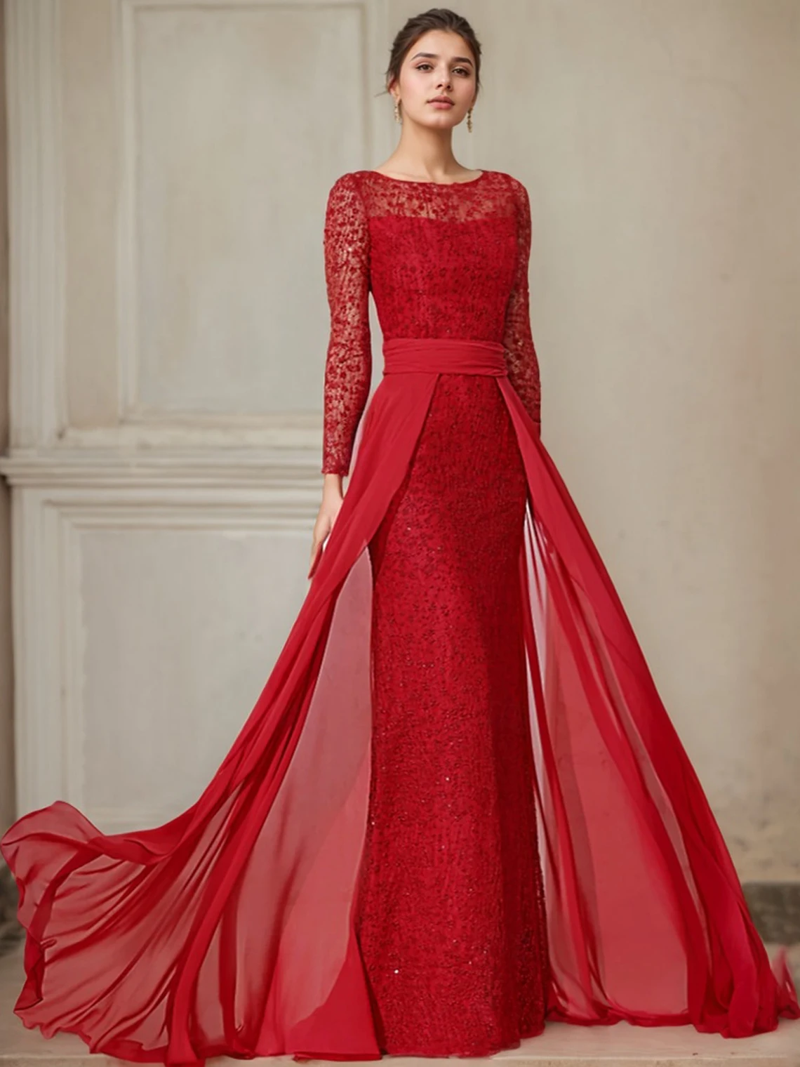 

Vintage Sheath Evening Dress Long Sleeve Chiffon Bateau Neck Floor Length Lace Embellishment Formal Dress 2025 Free Customized