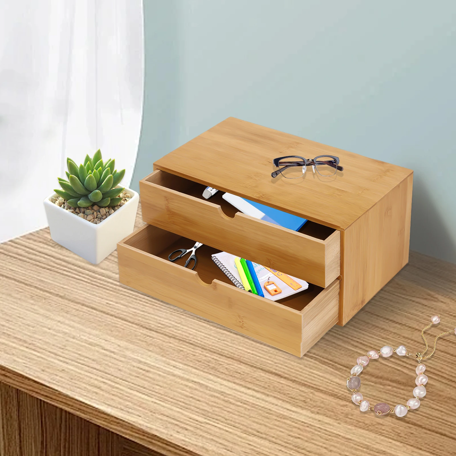 Cassetto in bambù con 2 cassetti: mini scatola portaoggetti per cassetti da scrivania in bambù per articoli da toeletta, forniture, nessun montaggio richiesto