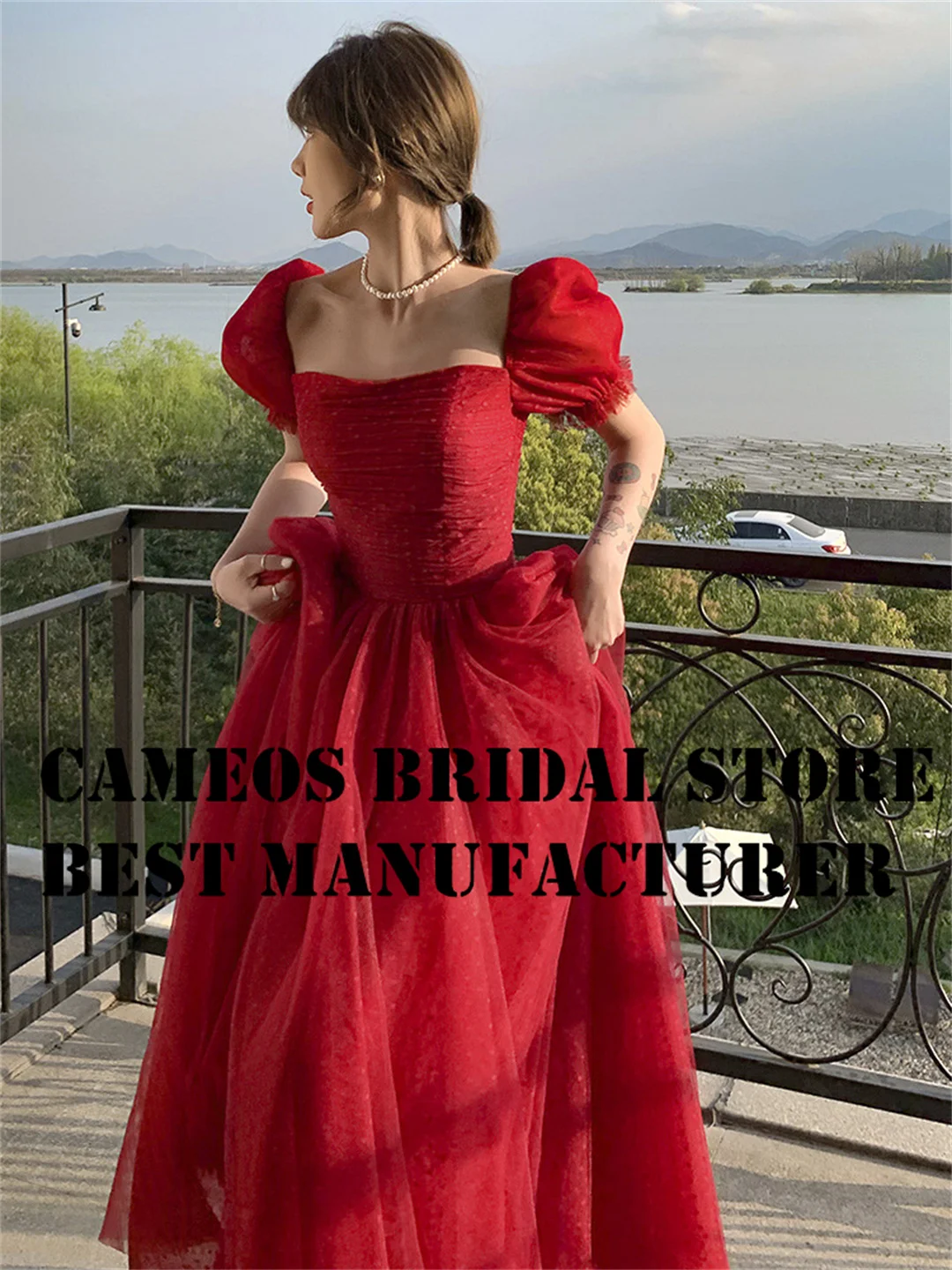 SONDR Off the Shoulder Birthday Korea Evening Dress Custom Made Tulle Red Formal Prom Dress A-Line Simple Evening Gown Bridal