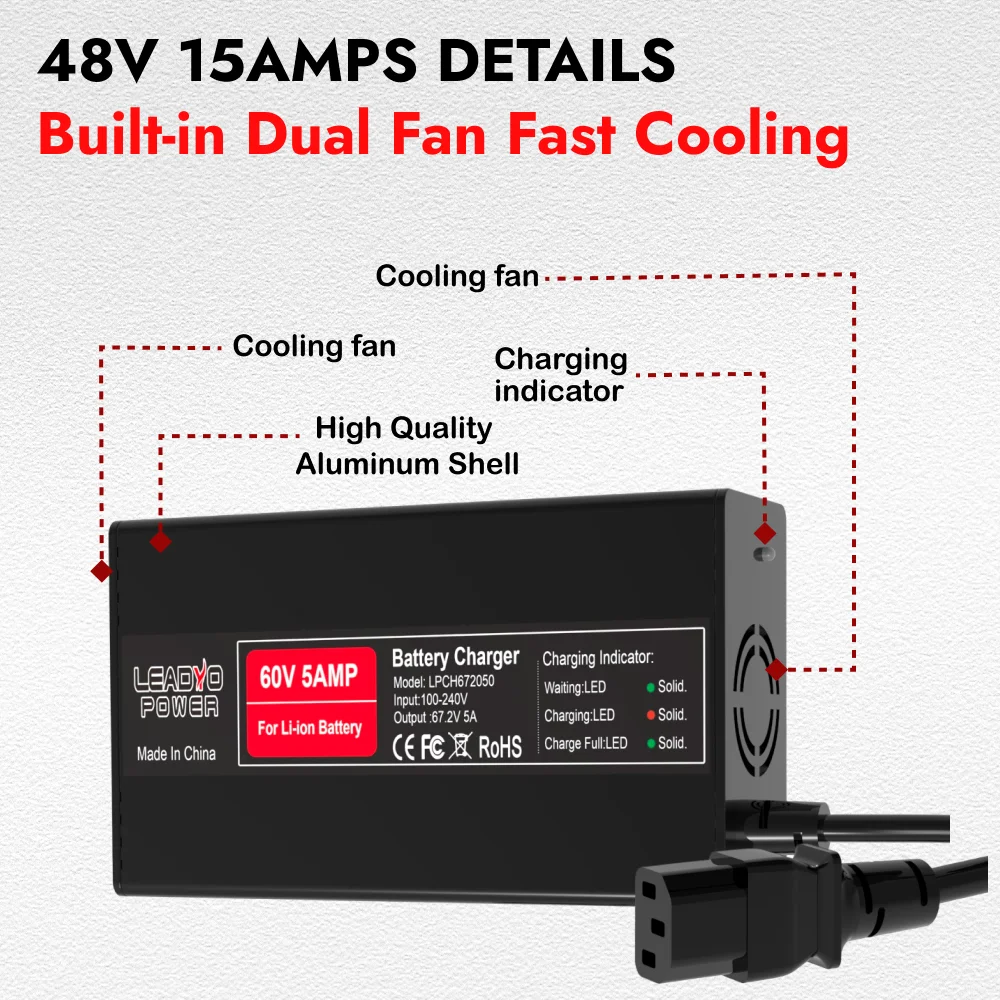 67.2V 5A Battery Charger 16S 60V Lithium ion battery For Electric Motorcycle With IEC Charger Port