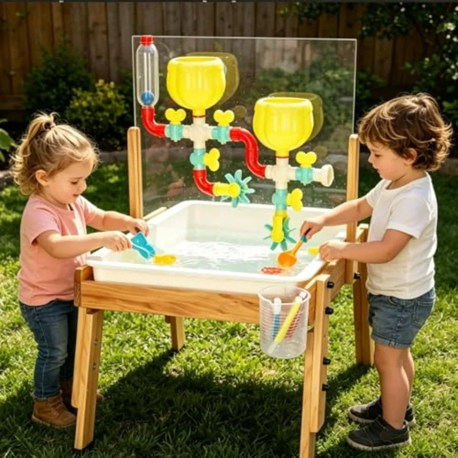 Outdoor play sand and water table for toddlers, wooden material, natural wood color, 4-in-1 sensory activity with pipes, valves