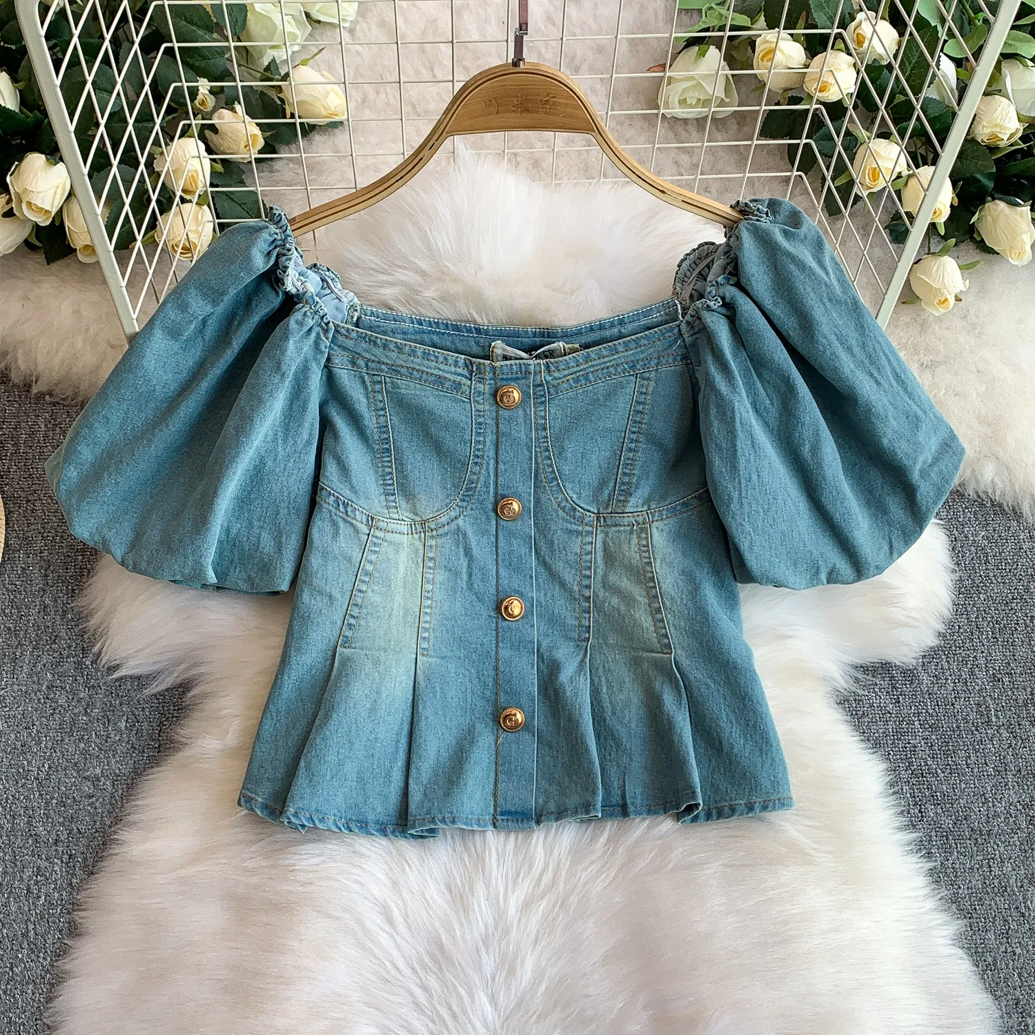 Summer Women's Denim Shirt Unique Metal Buckle Square Neck Bubble Sleeve Denim Top High Waist Gradient Half Skirt Two Piece Set