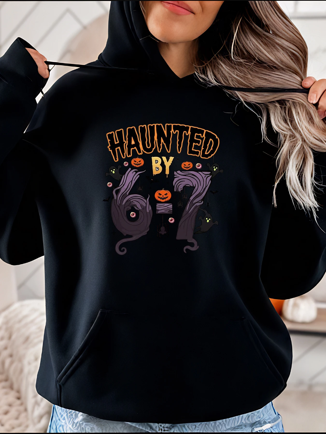 

Haunted by 67 Halloween Pumpkin Witch Hoodie Women's Black Sweatshirt Autumn Festival Costume Party Wear