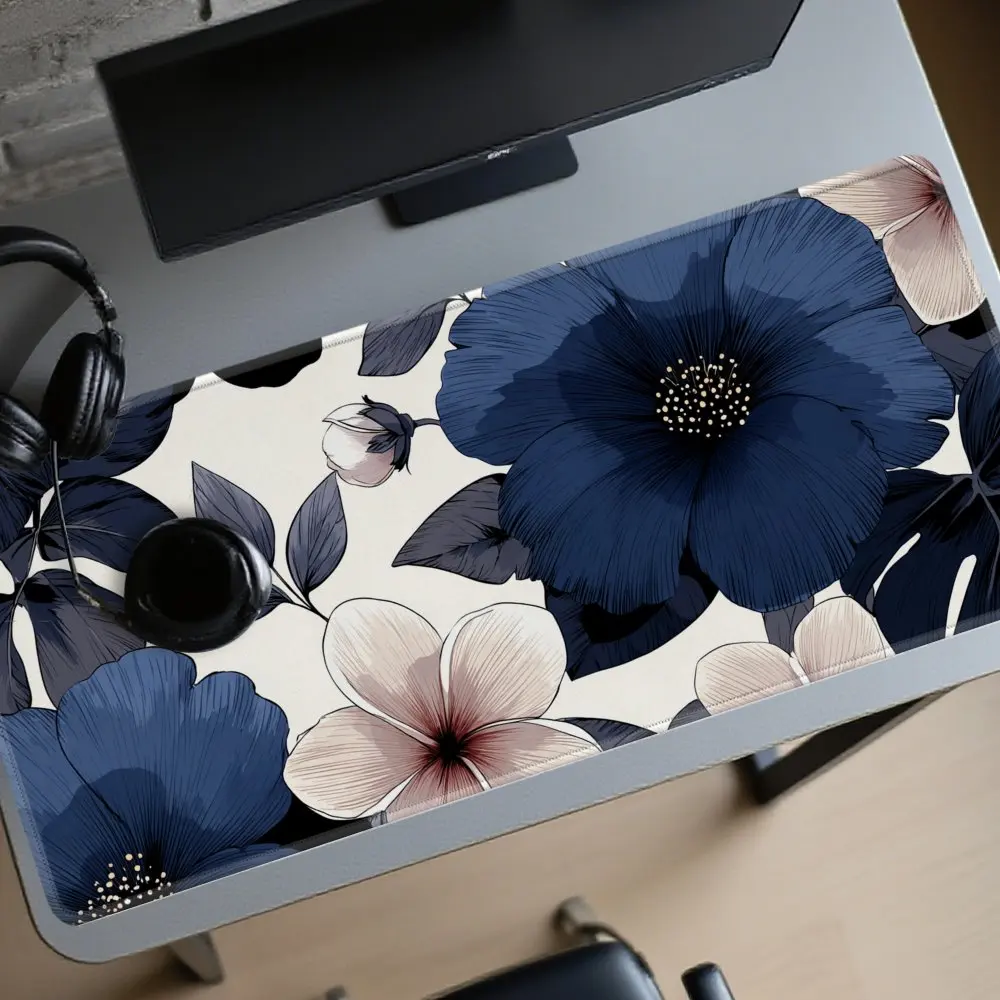 

Коврик для стола/мыши оверсайз, темно-синий, с ботаническим цветочным узором, премиум-класса, из резины, увеличенный, для игр