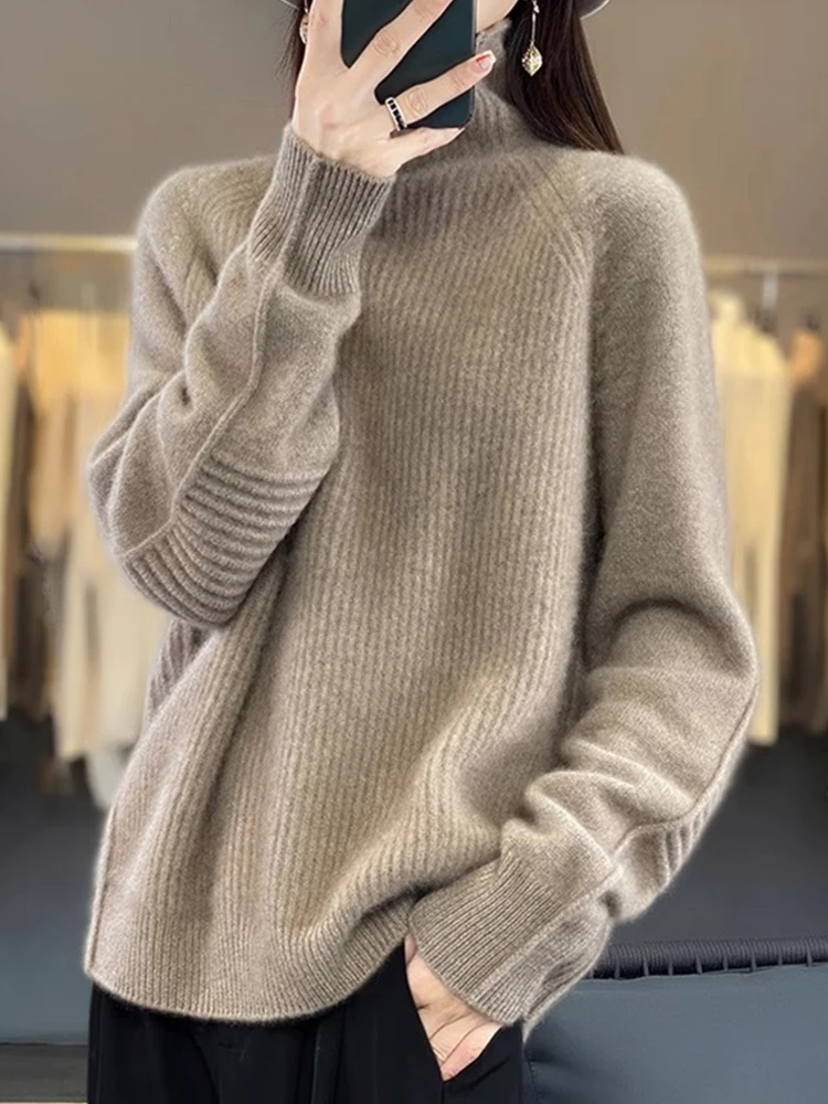 Thiened الدافئة عالية الياقة Camere محبوك قاعدة irt الخريف الشتاء عادية فضفاض سترة صوفية Ele العلوية سترة