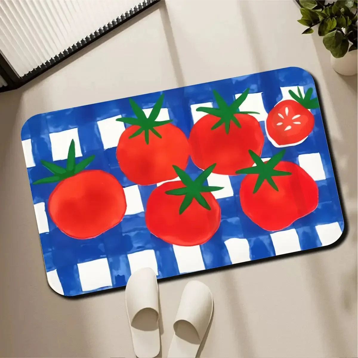 Blue And White Checkerboard Tomato Pattern Non Slip Absorbent Floor Mat Fruit And Vegetable Printing Diatom Mud Material