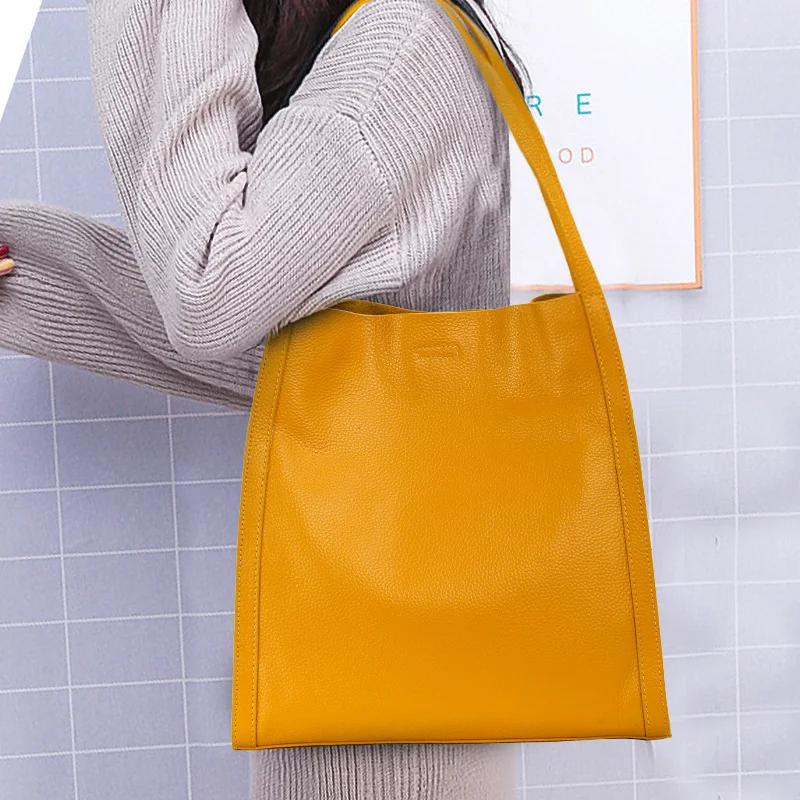 

Structured Leather Shoulder Tote: Bright Yellow Hue