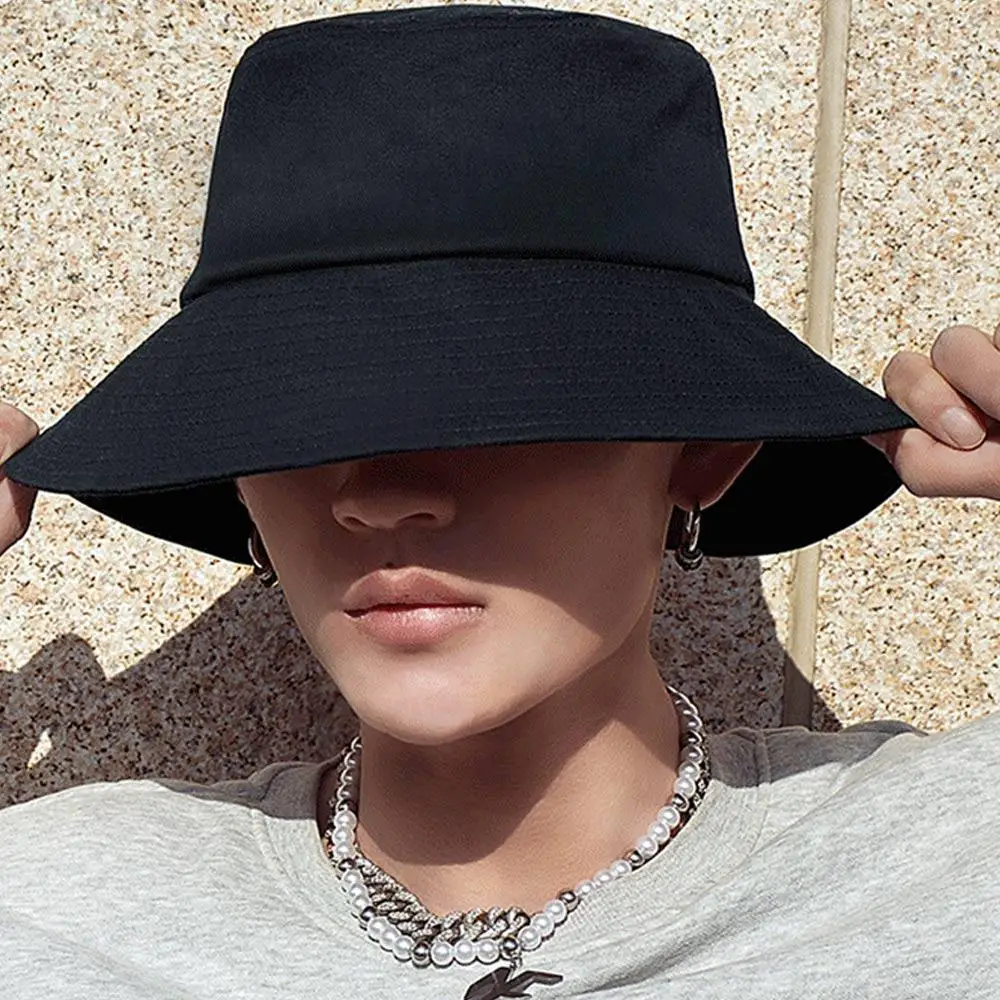 

Retro Big Head Men Fisherman Hat Double-sided Korean Style Beach Bucket Hat Breathable Sunscreen Sunshade Hat Women Man