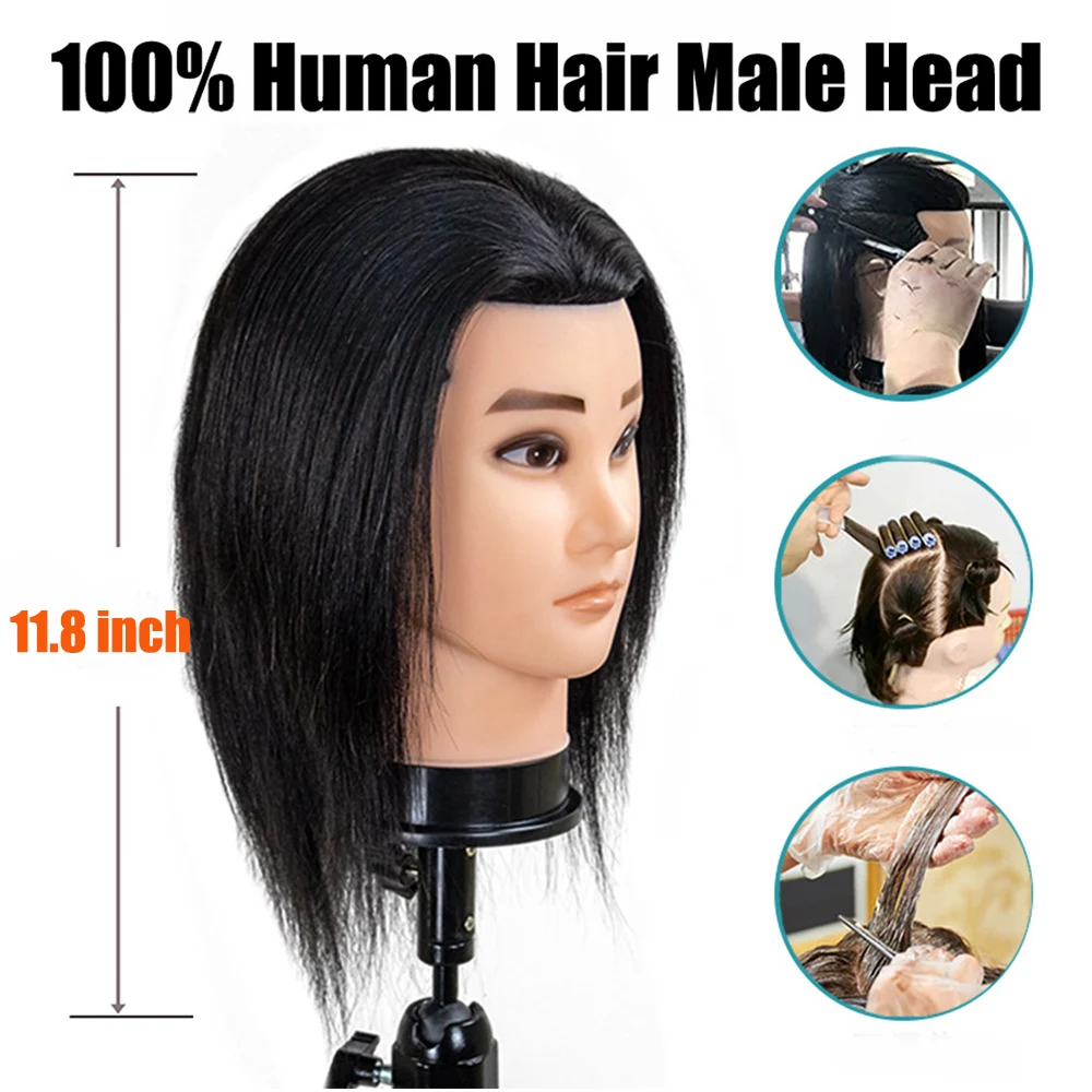 12 "Mannelijke Mannequin Hoofd 100% Menselijk Haar Kapper Kosmetiek Praktijk Training Pop Hoofd voor Kapper Snijden Styling