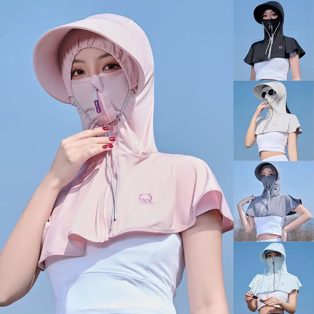 

Anti-Uv Sun Protection Clothing Hooded Mask Ice Silk Breathable Face Protection Sun Hat Summer All-match Protective Shawl Hat